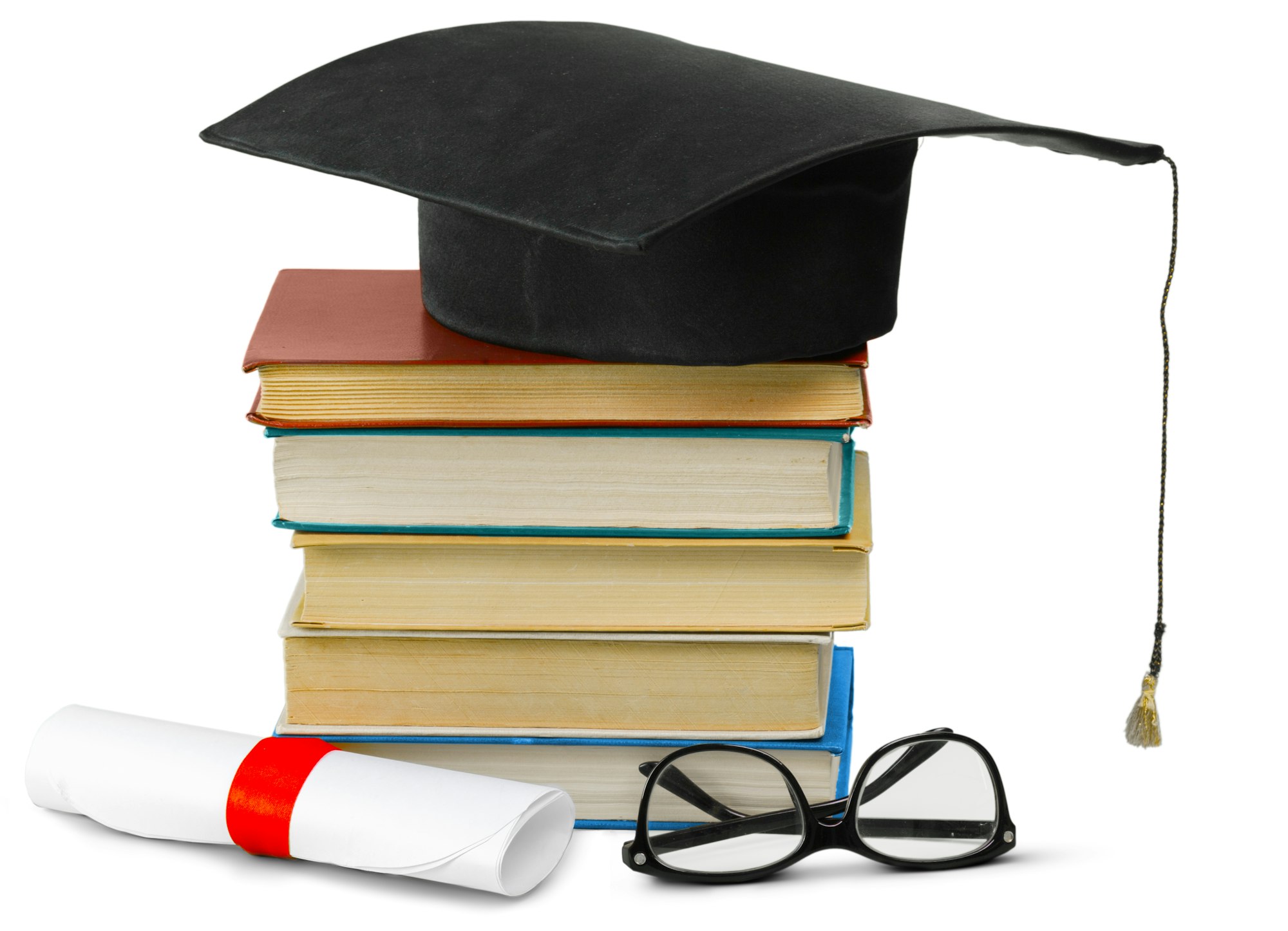 Grad hat and diploma with book isolated on white